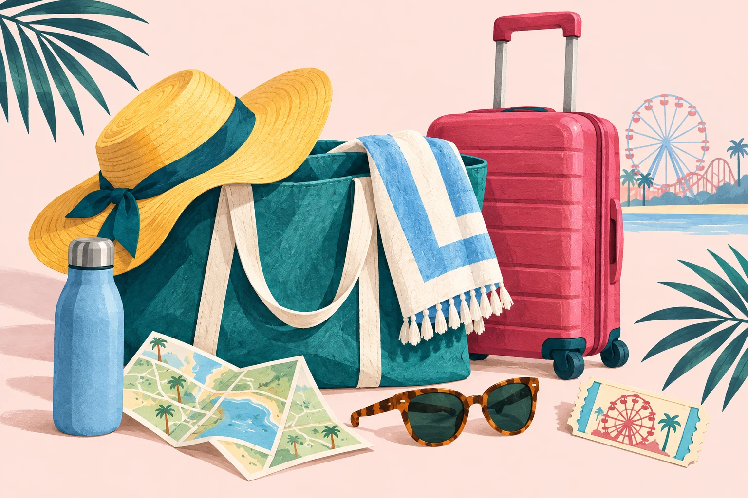 Playful illustration of travel essentials and a park ticket